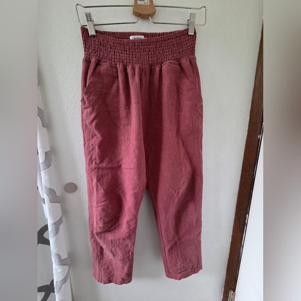 Emme Mama Maternity Smocked 100% Linen Pants Small - Terracotta